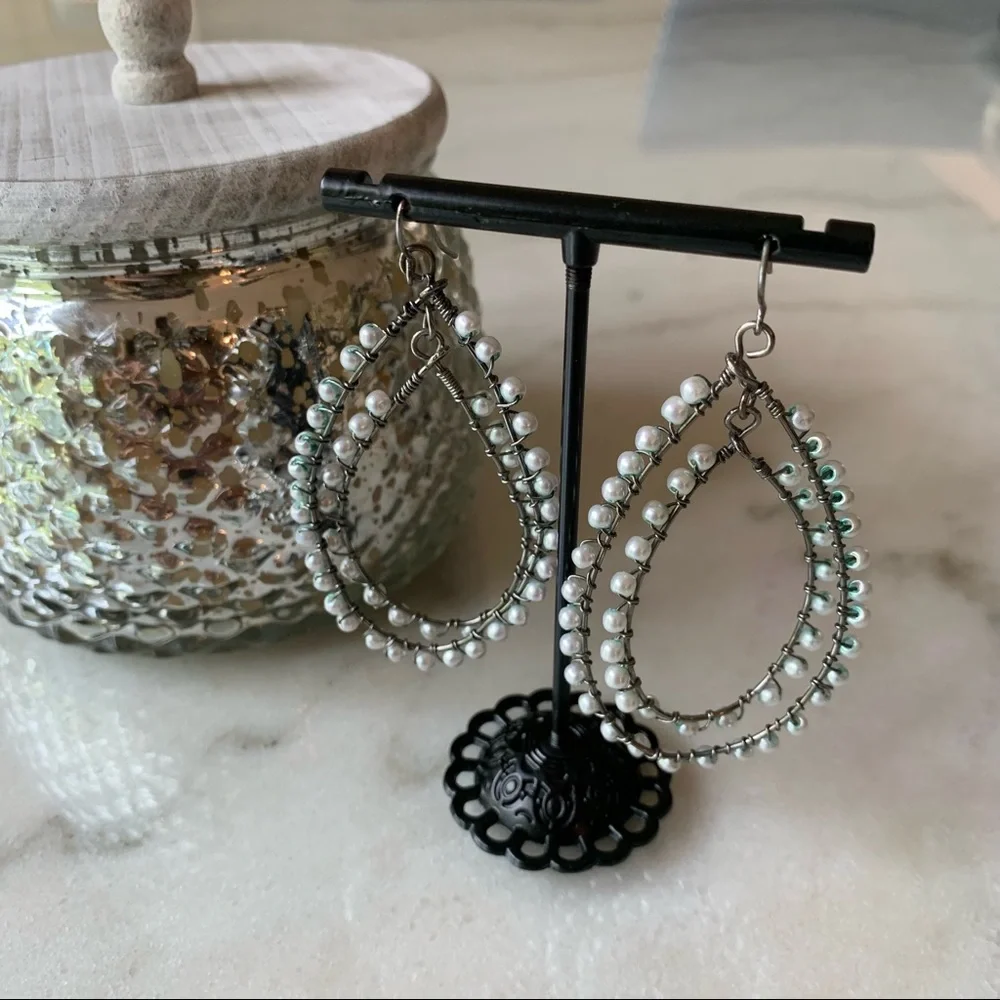 Large Pearl/Silver Double Hoop Earrings